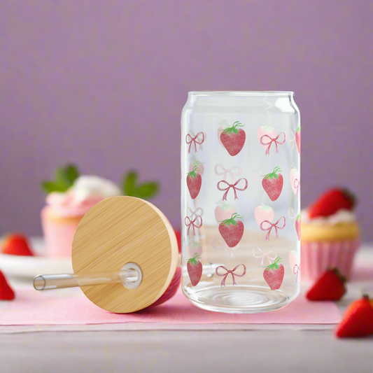 Pink Strawberries and Bows 16oz Sipper Glass