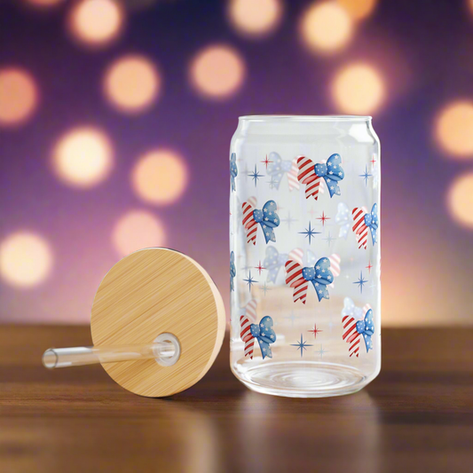 4th of July Glass Cup – 16oz Bows & Sparkles
